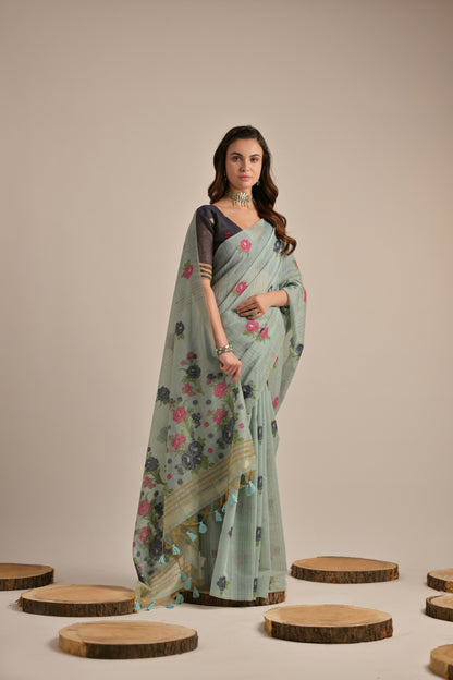 Dhiyona GR Women's Arisaa Firozi Blue Muga Cotton Saree