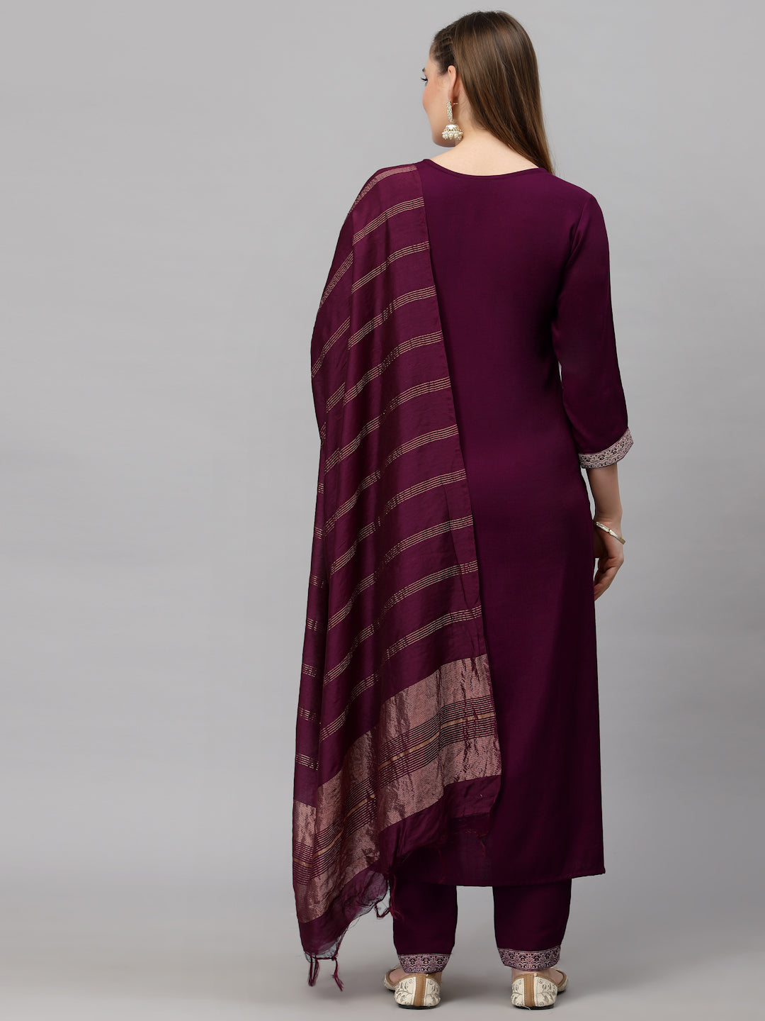 Women Wine Embroidery silk Kurta And Pant Set With Dupatta