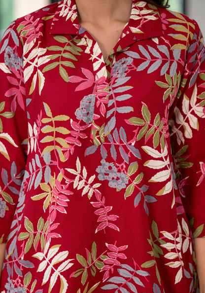 Women Red Printed Viscose Rayon Kurta And Pant Set