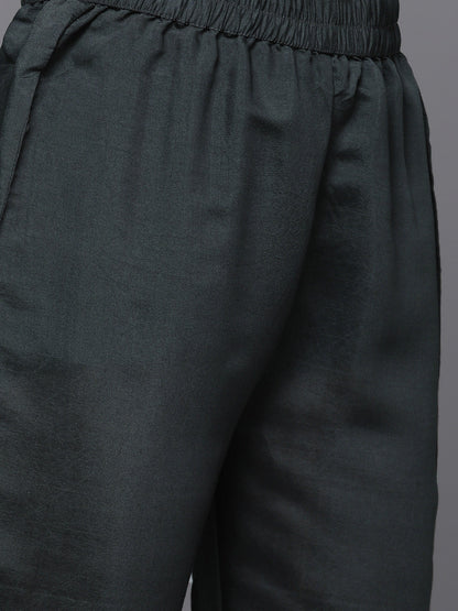 Dhiyona VR Women's Grey Embroidered Kurta Paired With Tonal Bottom And Contrast Dupatta
