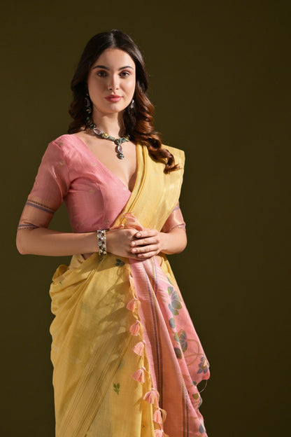 Dhiyona GR Women's Siara Yellow Muga Cotton Saree
