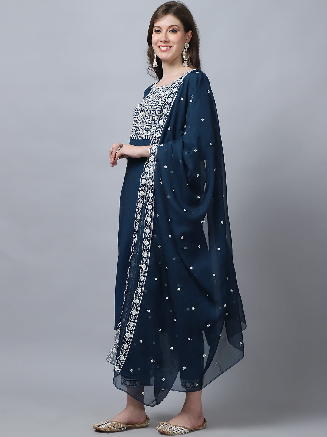 Women's Peach Embroidery  silk  Kurta, Pant And Dupatta Set