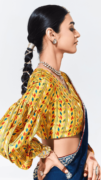 Dhiyona KM Women Royal Blue Silk Saree With Yellow Printed Puff-Sleeve Blouse “ A Perfect Blend Of Tradition & Trend