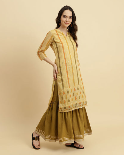 Dhiyona VR Women's Striped Chanderi Kurta With Sharara And Ombre Dupatta