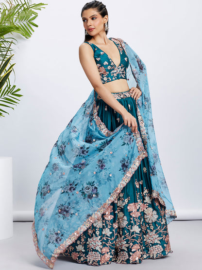 Women Teal Pure Georgette Sequins and thread embroidery  Lehenga choli & Dupatta