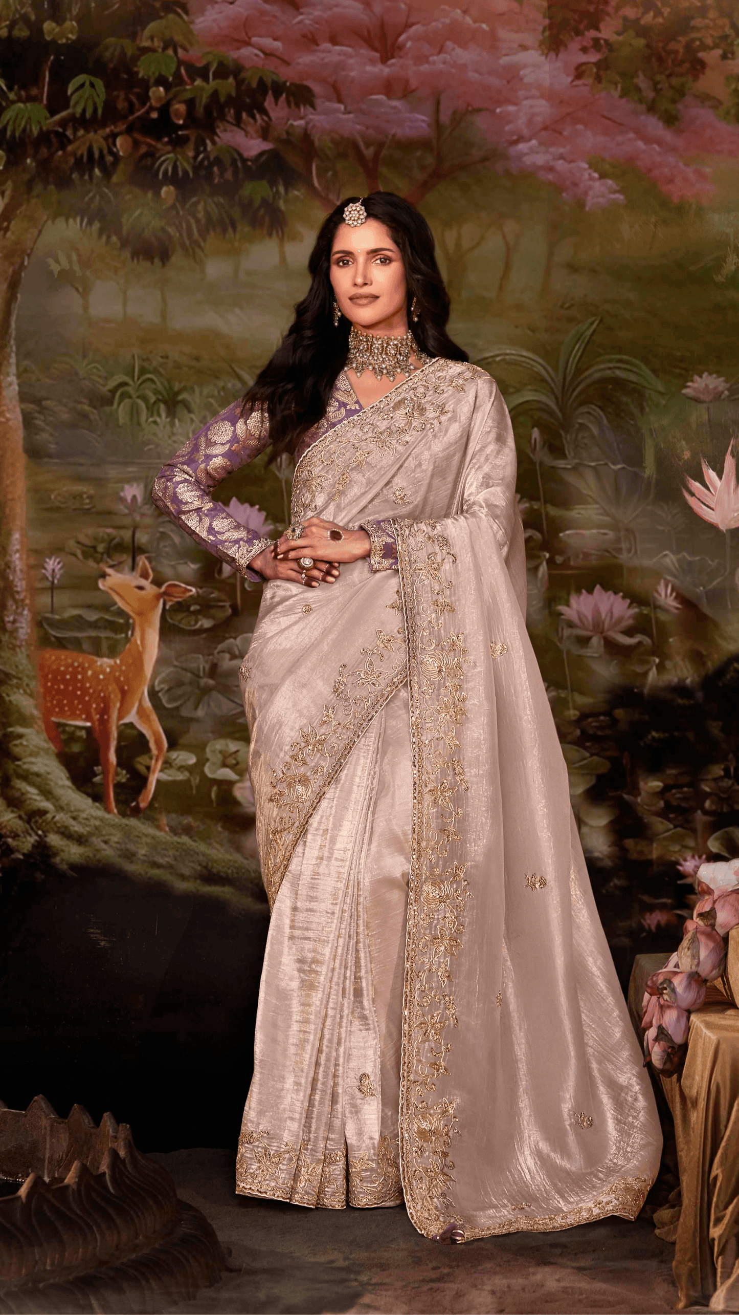 Dhiyona KM Women Light Pink Tissue Silk Saree