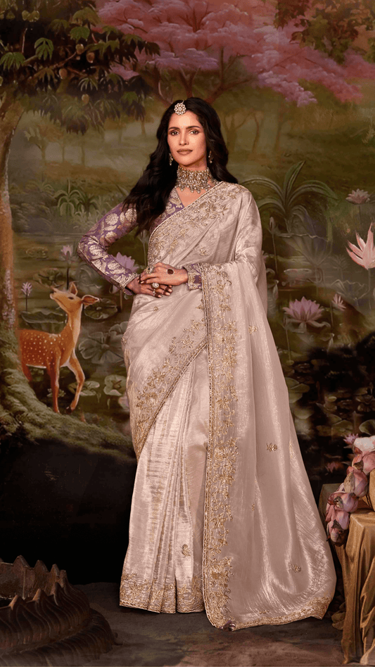 Dhiyona KM Women Light Pink Tissue Silk Saree