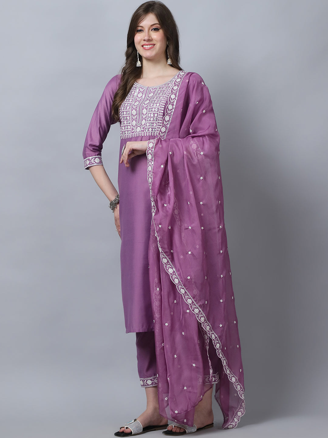 Women's Pink Embroidery  silk  Kurta, Pant And Dupatta Set
