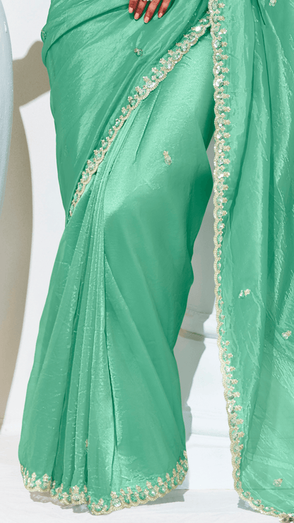 Dhiyona KM Women Green Silk Saree With Floral Blouse “ A Perfect Blend Of Grace & Elegancegreen Silk Saree