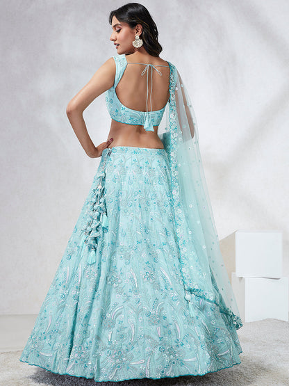 Women Turquoise Blue Georgette Sequins and thread embroidery  Lehenga choli & Dupatta