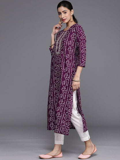 Dhiyona VR Women's Purple & White Bandhani Printed Pure Cotton Kurta