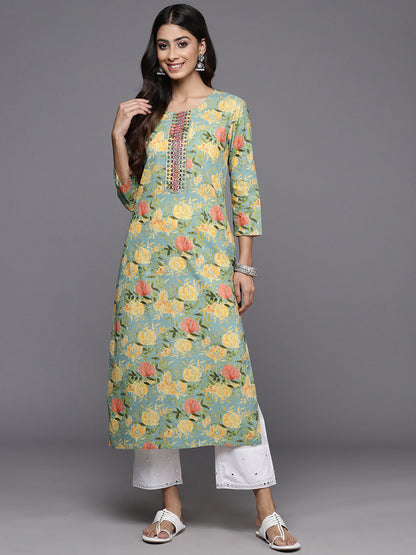 Dhiyona VR Women's Sea Green Floral Printed Mirror And Thread Embroidered Straight Kurta With Thtree Quarter Sleeves