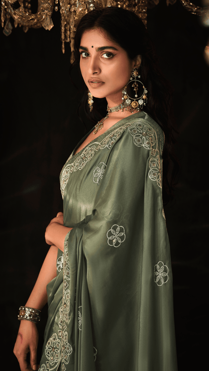 Dhiyona KM Women Olive Green Heavy Embroidered Designer Silk Saree
