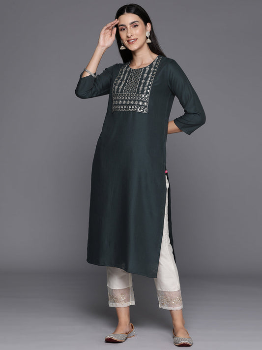 Dhiyona VR Women's Grey Round Neck Embroidered Yoke Straight Kurta With Side Slits
