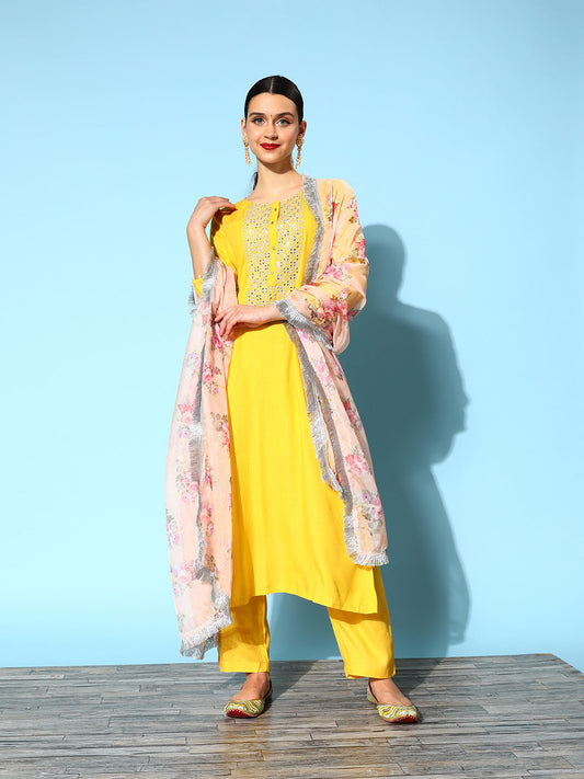 Dhiyona VR Women's Yellow Embroidered Kurta With Trouser And Embroidered Dupatta