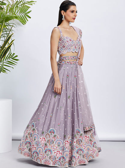 Women Rose gold Pure Chiffon Sequins and thread embroidery  Lehenga choli & Dupatta