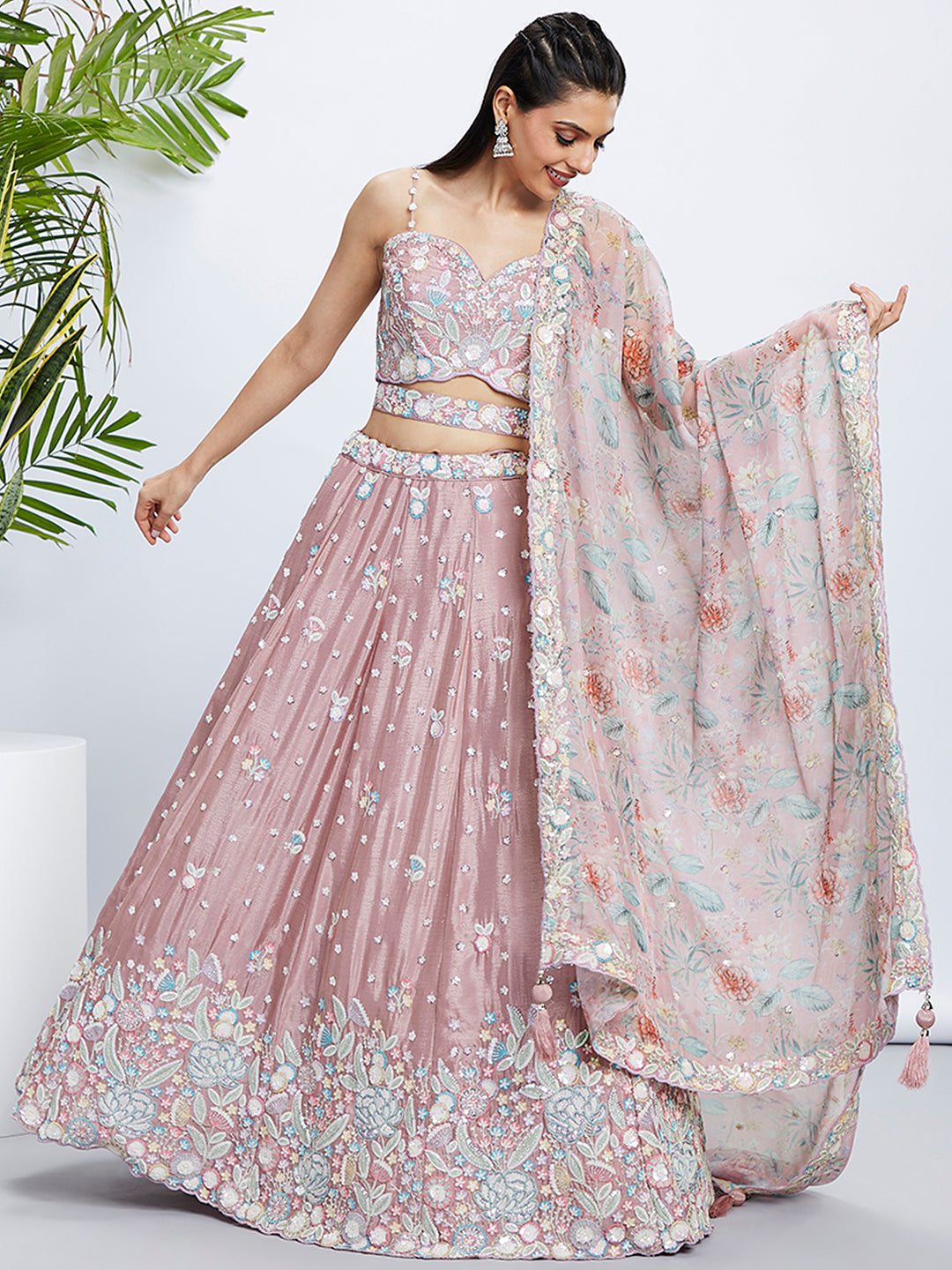 Women Rose gold Chiffon Sequins and thread embroidery  Lehenga choli & Dupatta