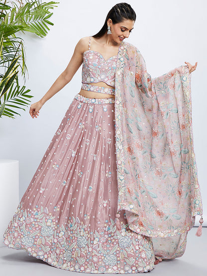 Women Rose gold Chiffon Sequins and thread embroidery  Lehenga choli & Dupatta