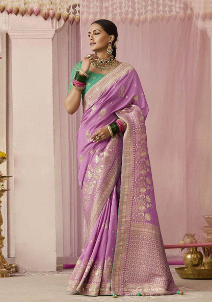 Dhiyona KM Women Lavender Dola Silk Saree With Green Golden Embroidered Blouse