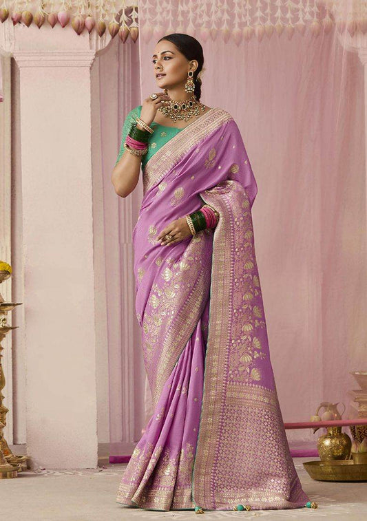 Dhiyona KM Women Lavender Dola Silk Saree With Green Golden Embroidered Blouse
