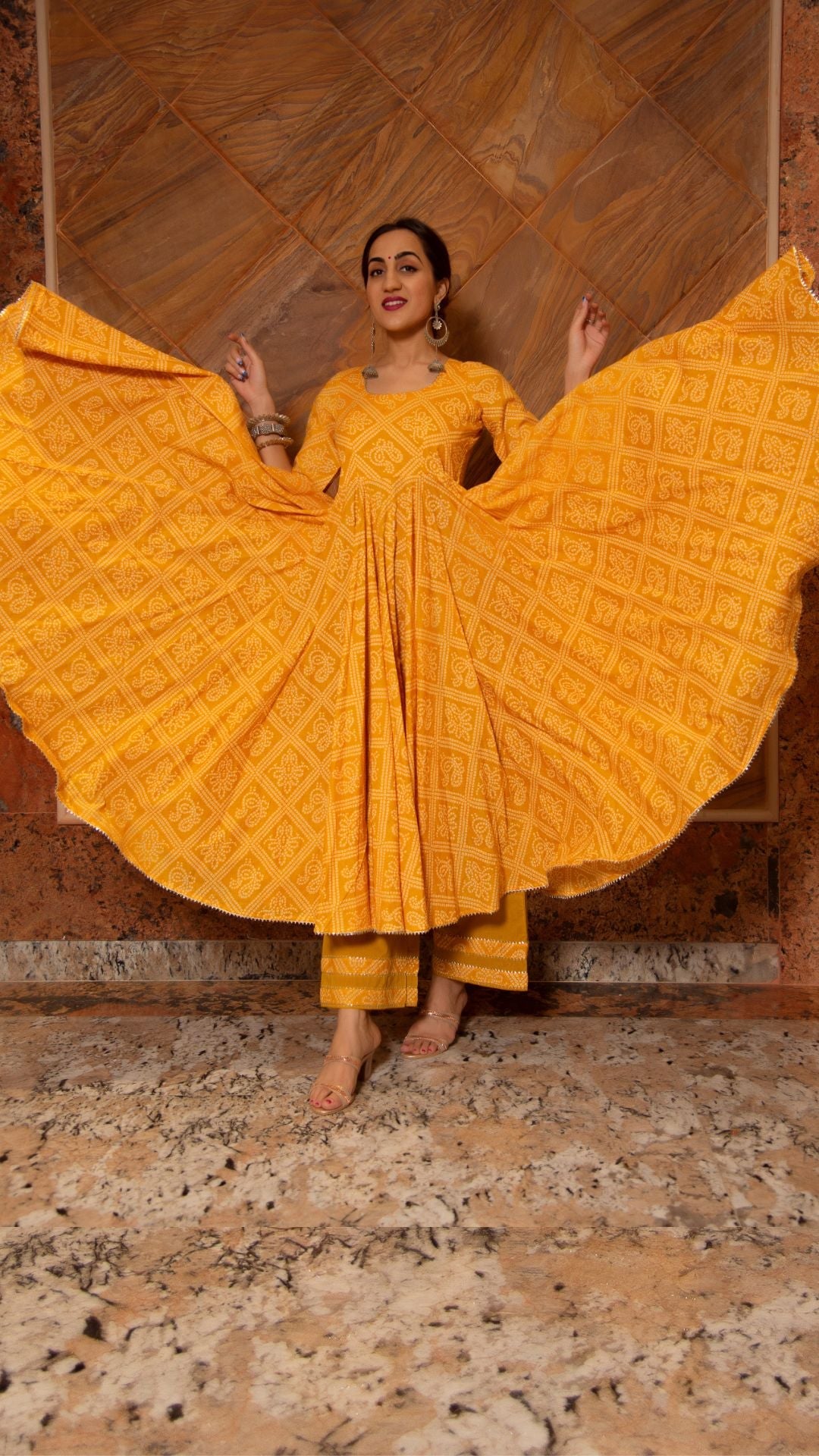 Bandhej Yellow Cotton Anarkali Set