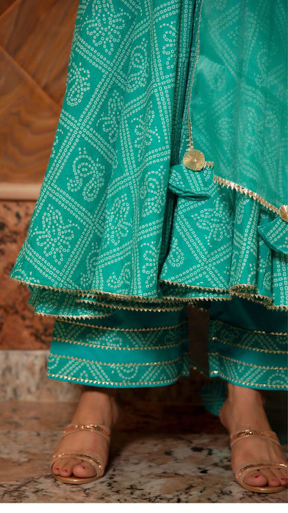Bandhej Tiffany Blue Cotton Anarkali Set