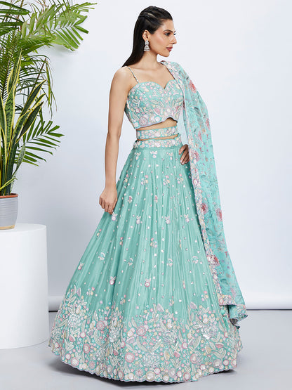 Women Sea green Chiffon Sequins and thread embroidery  Lehenga choli & Dupatta