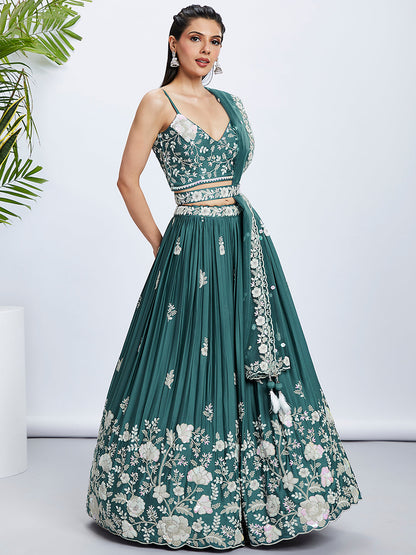 Women Turquoise blue Pure Georgette Sequins and thread embroidery  Lehenga choli & Dupatta