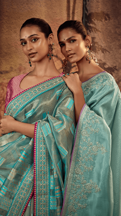 Dhiyona KM Women Royal Radiance “ Blue Jacquard Silk Saree With Rich Red Border