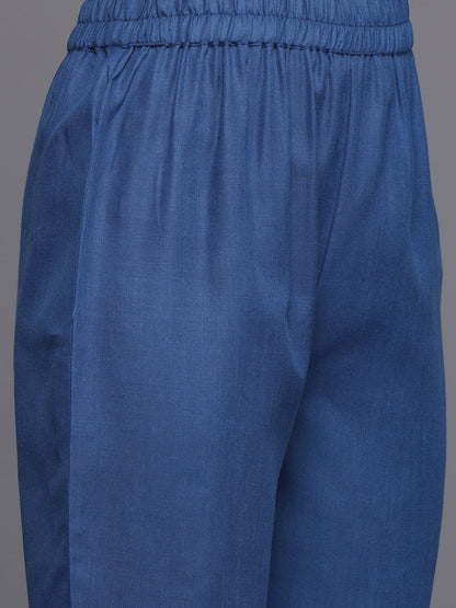Dhiyona VR Women's Blue Solid A-Line Kurta Paired With Tonal Bottom
