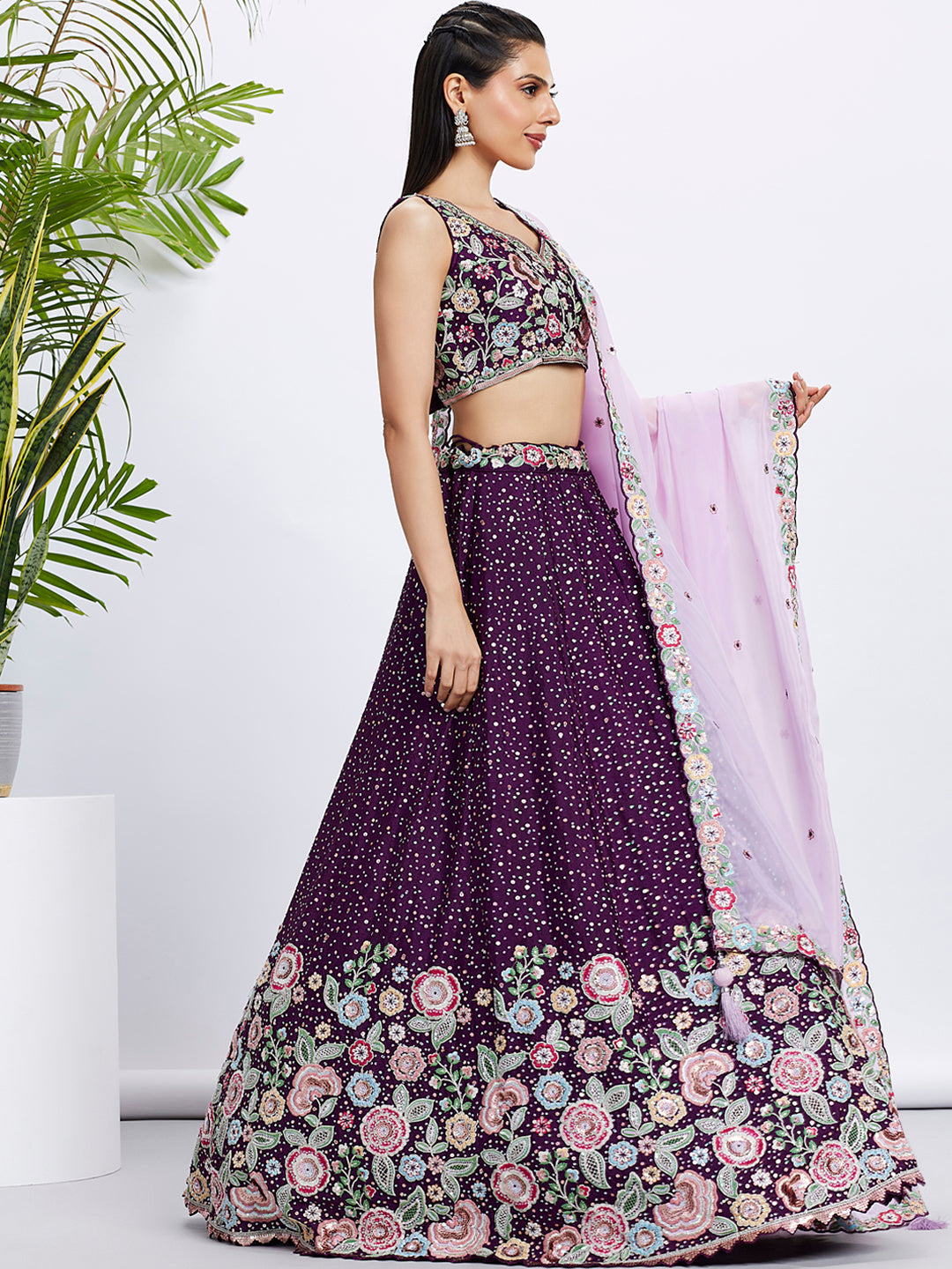 Women Purple Pure Chiffon Sequins and thread embroidery  Lehenga choli & Dupatta