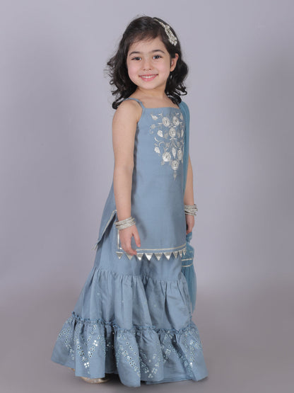 Zarqa Girls Blue Kurta with Sharara and dupatta set