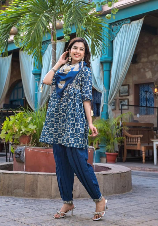 Dhiyona VR Women's Blue Mirror Work Yoke Embroidered A-Line Kurta Paired With Tonal Afghan Bottom And With Dupatta