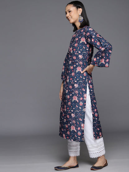 Dhiyona VR Women's Blue Floral Printed Straight Kurta With Flared Sleeves