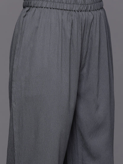 Dhiyona VR Women's Grey Empire Gathered Details A-Line Kurta Paired With Tonal Bottom