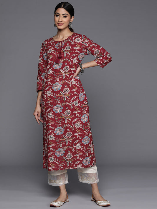 Dhiyona VR Women's Maroon Floral Printed Straight Kurta With Side Slits
