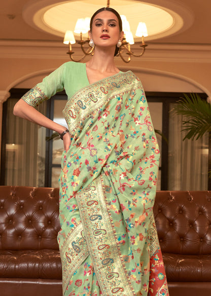 Dhiyona GR Women's Kalista Pista Green Woven Jamewar Kashmiri Banarasi Saree