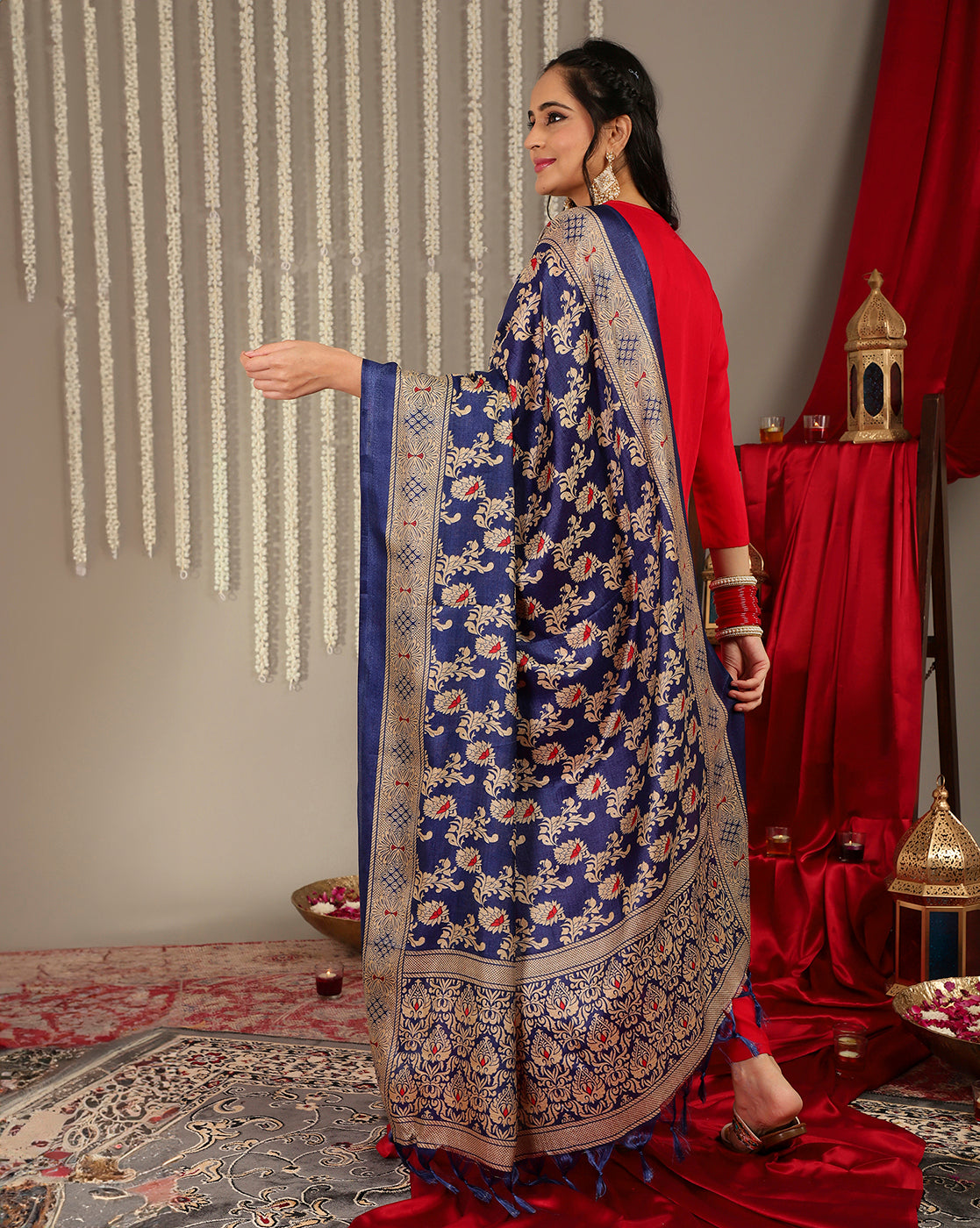 Dhiyona VR Women's Red Placement Design Zari Embroidered Kurta With Three Quarter Sleeves Paired With Tonal Bottom And Contrast Printed Dupatta