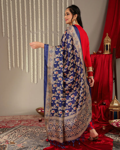 Dhiyona VR Women's Red Placement Design Zari Embroidered Kurta With Three Quarter Sleeves Paired With Tonal Bottom And Contrast Printed Dupatta