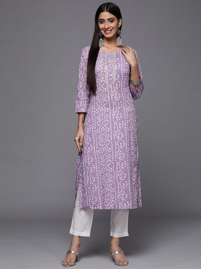 Dhiyona VR Women's Lavender Bandhani Print Embroidered Kurta Has Round Neck