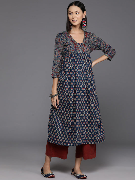 Dhiyona VR Women's Blue And Maroon Bandez Printed Anarkali Kurta