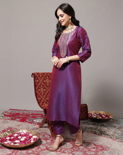 Dhiyona VR Women's Voilet Zari Embroidered Kurta With Three Quater Sleeves Paired With Tonal Bottom And Dupatta