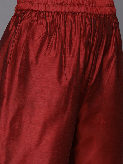 Dhiyona VR Women's Red Embroidered Kurta With Tonal Trouser And Printed Dupattta