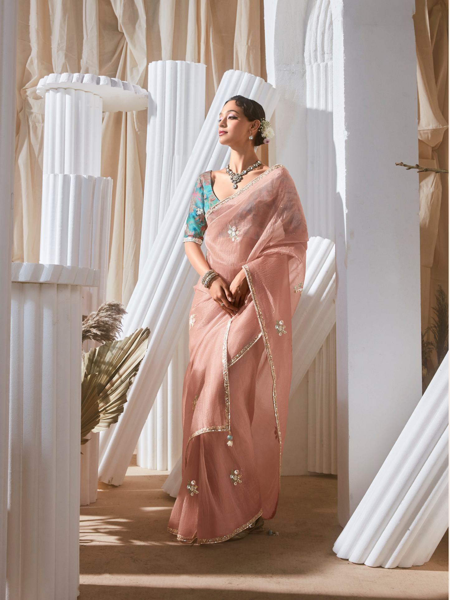 Dhiyona KM Women Peach Designer Organza Saree: Effortless Elegance For Every Occasion