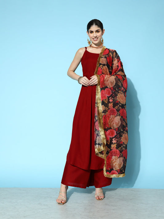 Dhiyona VR Women's Maroon Strap Style A Line Kurta Paired With Tonal Bottom And Contrast Floral Printed Dupatta With Four Sided Fringes