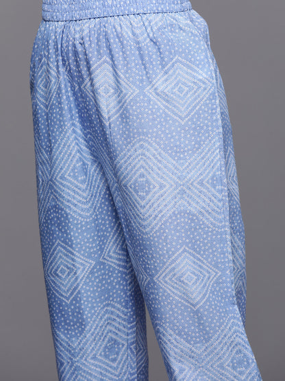 Dhiyona VR Women's Blue Bandhani Printed Kurta Spaghetti Strap With Drawstring Paired With Tonal Printed Bottom