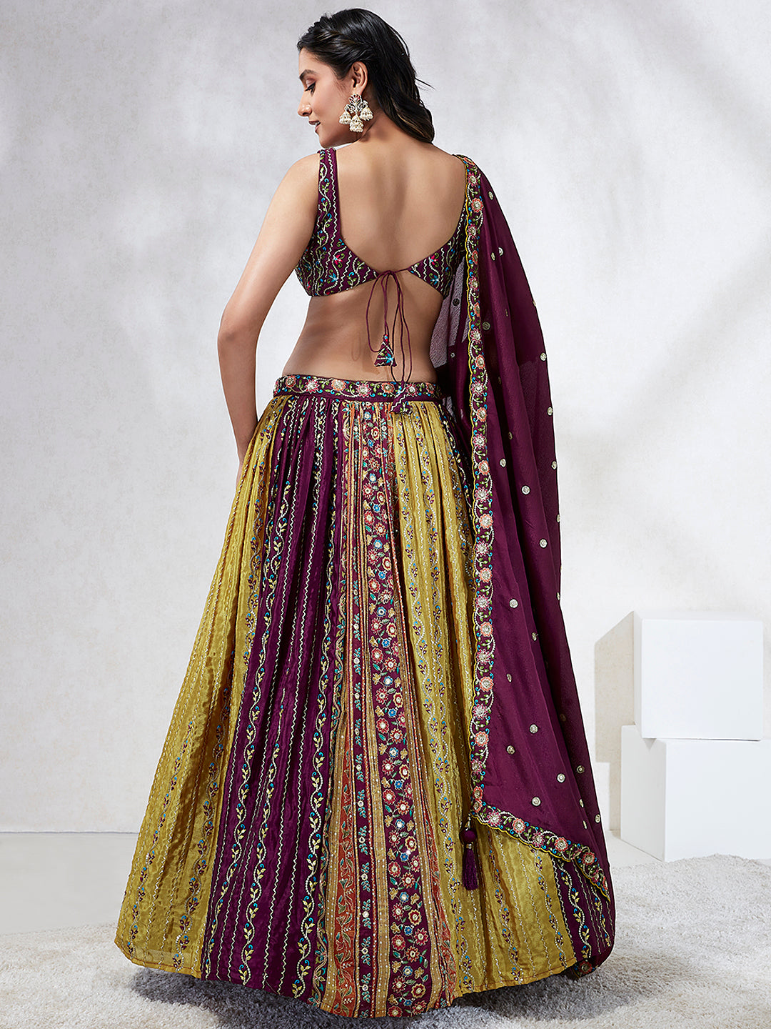 Women Burgundy Chiffon Position print with Sequins embroidery  Lehenga choli & Dupatta