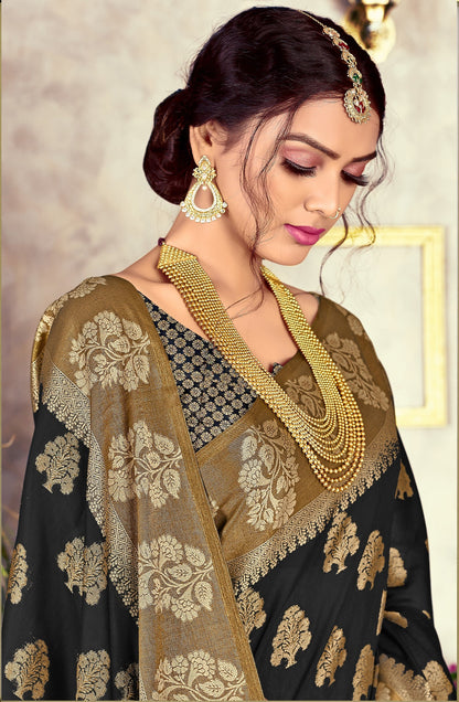 Dhiyona GR Women's GJ Black Diamond Pitch Black Zari Woven Design Cotton Blend Saree
