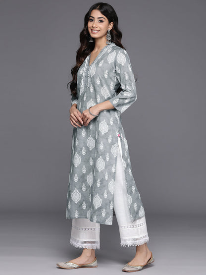 Dhiyona VR Women's Grey 3/4Th Sleeve, V Neck Collared Kurta