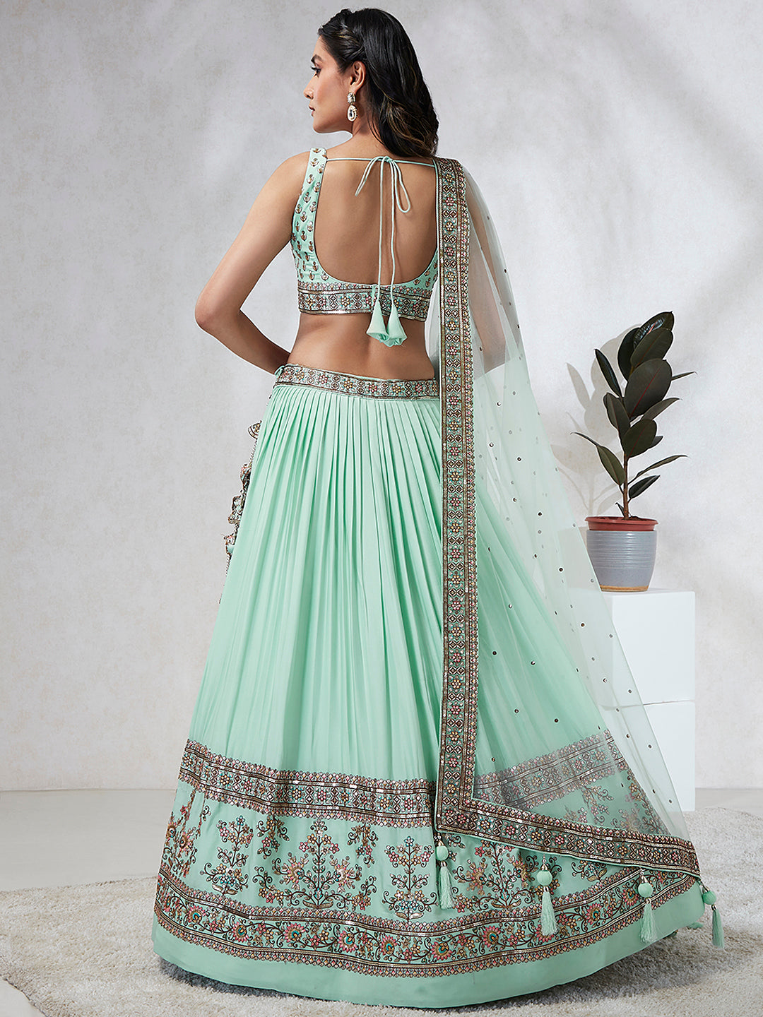 Women Sea Green Georgette Sequins and thread embroidery  Lehenga choli & Dupatta
